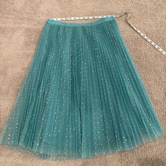 J.Crew Pleated Tulle A-line Midi Skirt in Mermaid Aqua Blue Metallic Gold Dot - Picture 2 of 5